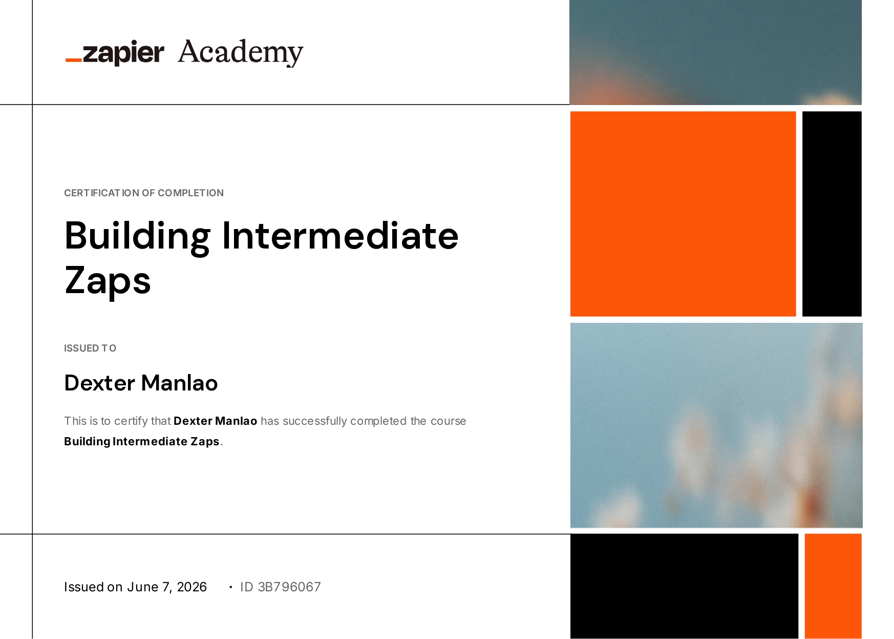Zapier Building Intermediate Zaps Certificate